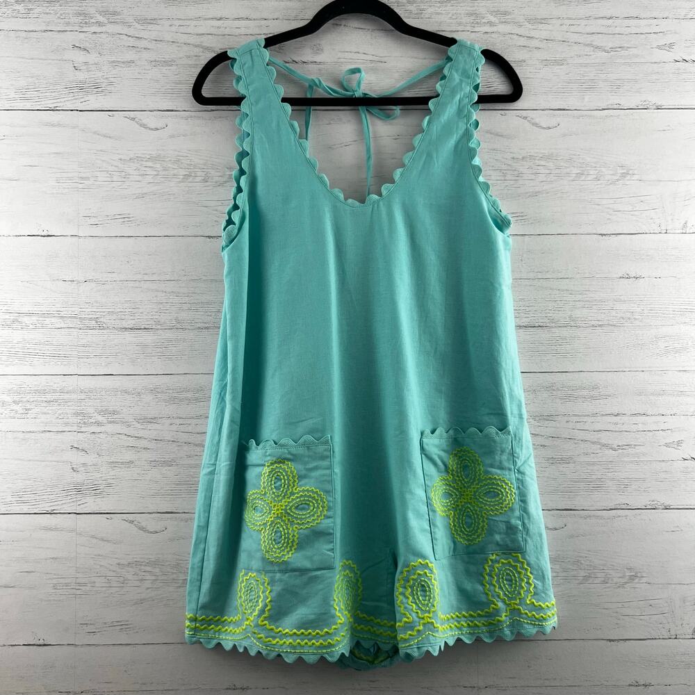 Sleeveless Scallop-Trim Aqua Romper with Embroidered Pockets